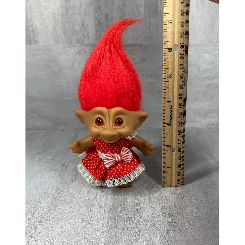 Vintage Ace Novelty Treasure Troll Red Hair Red Gem Polka Dot Dress 3.75